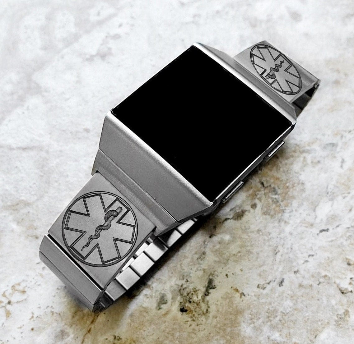 Engraved Watch Band Compatible with Fitbit Ionic Smartwatches Silver Color Stainless Steel Strap Bracelet with Quick Release Adapters MS2